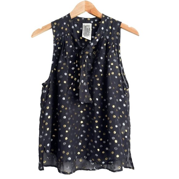 Free People Silk Geometric Gold and Silver Polka Dot Print Top - Black - Picture 1 of 7